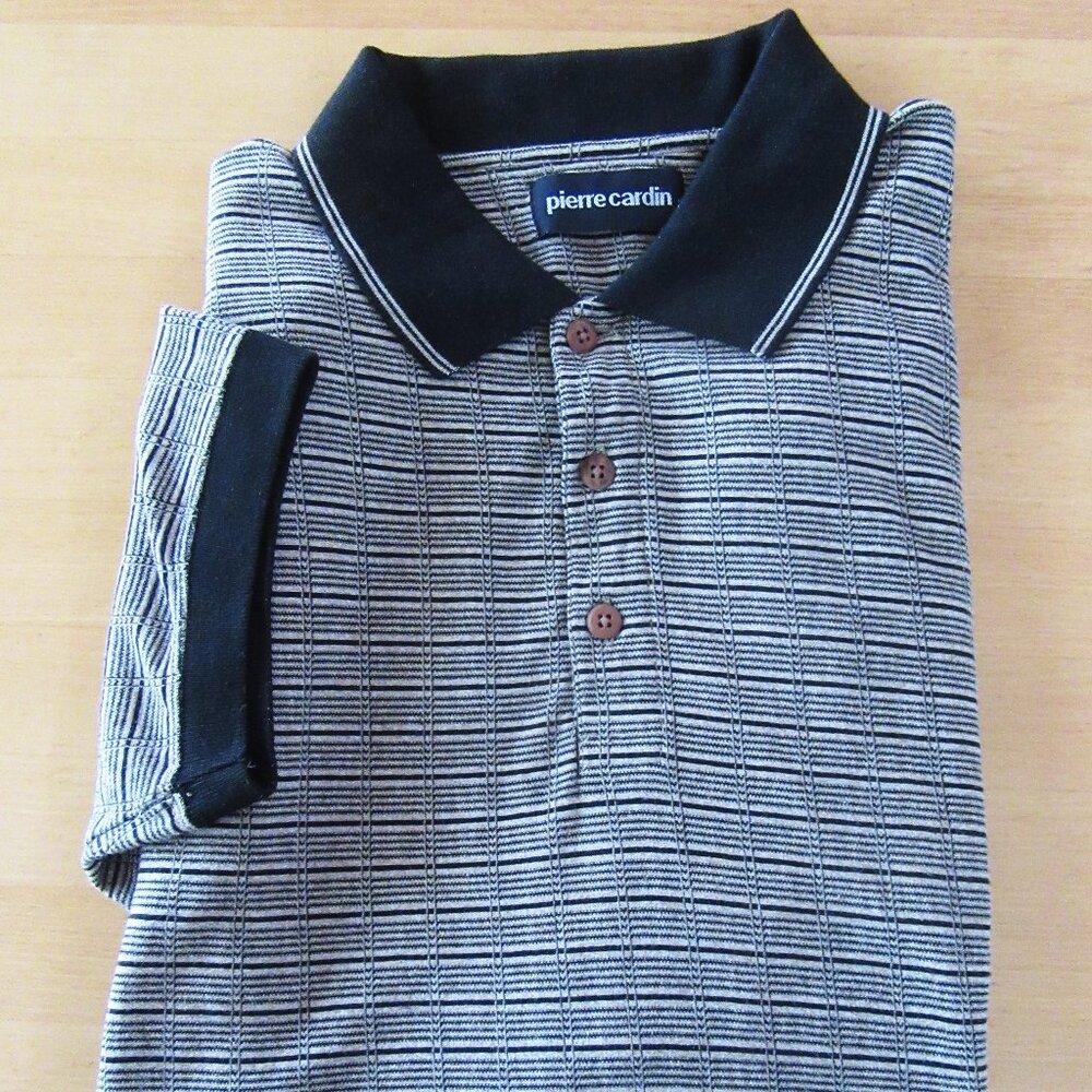 PIERRE CARDIN 3 button cotton blend short sleeved polo shirt - black & beige XL